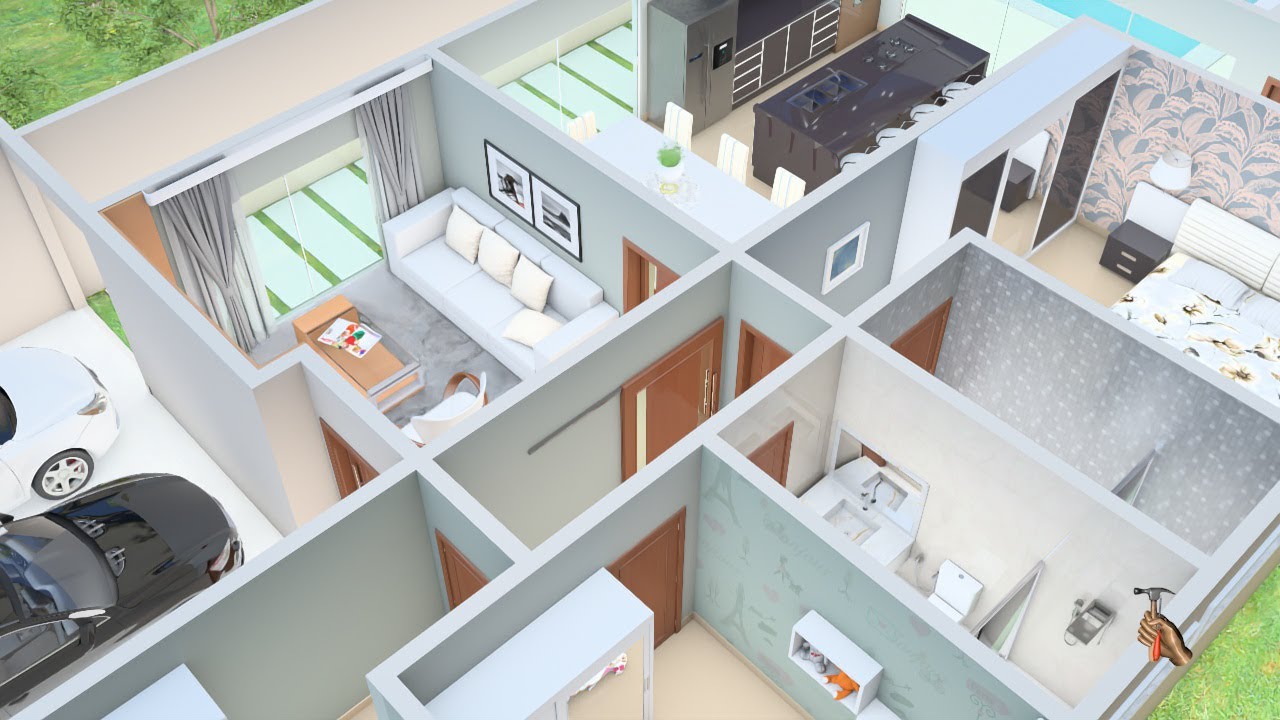 Planta de Casa 3D com três Quartos, Garagem para dois Carros, Espaço Gourmet e Piscina