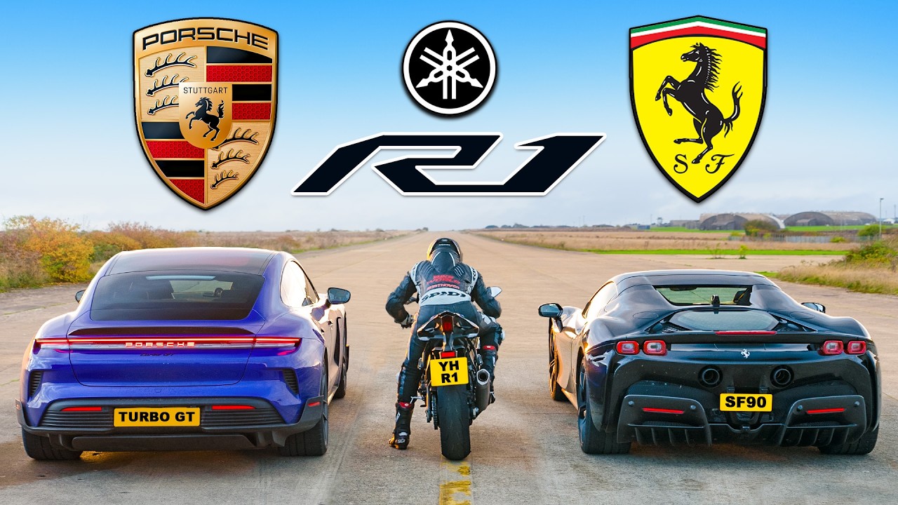 Porsche Taycan Turbo GT vs Ferrari SF90 vs Yamaha R1M: CORRIDA DE ARRANCADA